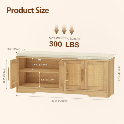 Rattan Shoe Storage Bench, 47.2" Wide Entryway Bench, Natural Oak | 2 Tier Shoe Bench with Padded Cushion, Hidden Shoe Rack Bench with Adjustable Shelves, for Hallway Living Room, Bedroom