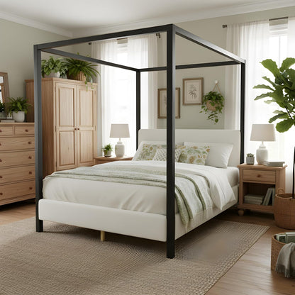 LUMISOL Queen Size Metal Canopy Bed with Upholstered Headboard, Modern Black Four Poster Bed Frame, Heavy Duty Canopy Platform Bedframe with Wood Slat Support & White Boucle Upholstery Fabric