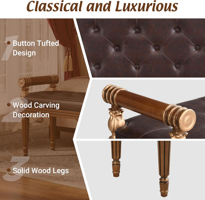 Christopher Knight Home Yae Luxurious PU Leather Upholstered End of Bed Ottoman, Wooden Living Room Ottoman Bench with Fluted Legs/Cylindrical Arm, Long Entryway Bench with Button Tufting, Brown