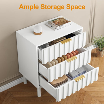 RoyalCraft 3 Drawer Nightstand, Modern Fluted Chest of Drawers, Wooden Storage Night Stand Side Table with Chic Edge Pull, Perfect for Bedroom, Living Room, Entryway, White