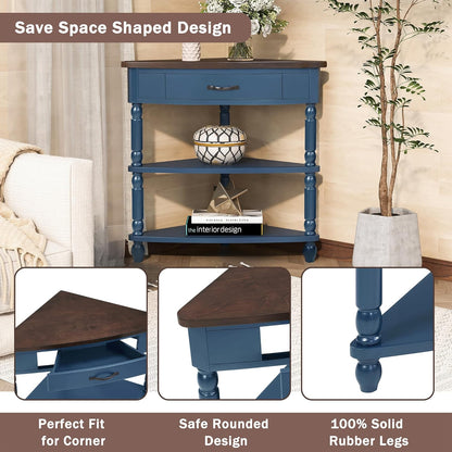 33.8'' Small Triangle Corner Table,3 Tier End Table with Open Shelf and Solid Wood Legs,Wood Corner Side Table with 1 Storage Drawer for Bedroom,Living Room,Small Spaces (Navy Blue-14)