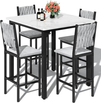 AWQM 5-Piece Dining Table Set, Dining Table Set for 4, Counter Height Table & 4 Velvet Bar Stools, Modern Kitchen Dining Set, Compact Dining Set for Small Spaces (Marble Texture & Velvet Chairs)