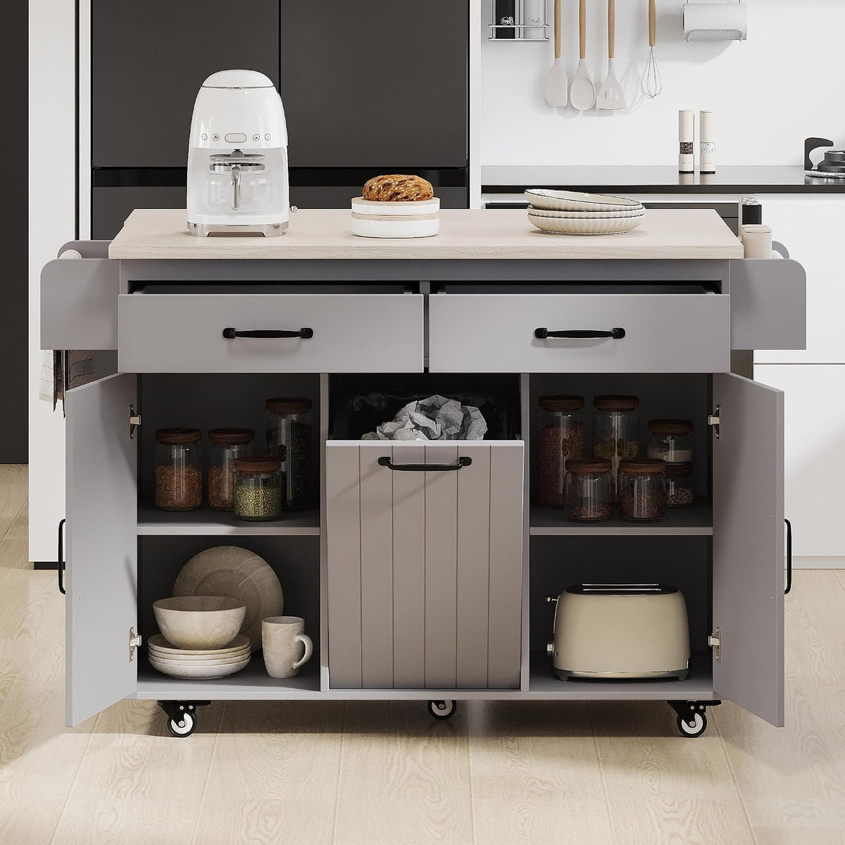 51" Rolling Kitchen Island with Tilt-Out Trash Cabinet & Drop Leaf | Tilt-Out Trash Cabinet, Drop Leaf Extension, Rolling Design, Kitchen Storage, 51 Inch Width