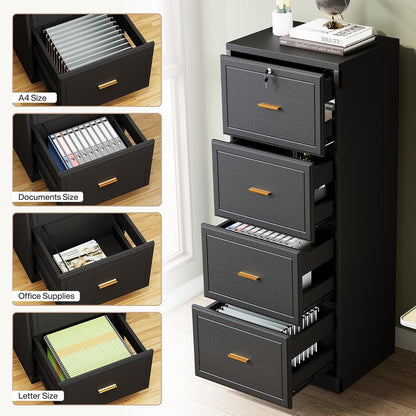 Tribesigns 4 Drawer File Cabinet with Lock, Filing Cabinets for Home Office | Vertical Wooden File Cabinet with Key, Modern Style, Tall Office Storage Cabinet for Legal Size/Letter/A4/Files, Black