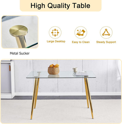Baysitone 51" Modern Glass Dining Table with 4 Hot Pink Velvet Dining Chairs, Gold Metal Legs - Stylish 5-Piece Dining Set for Home