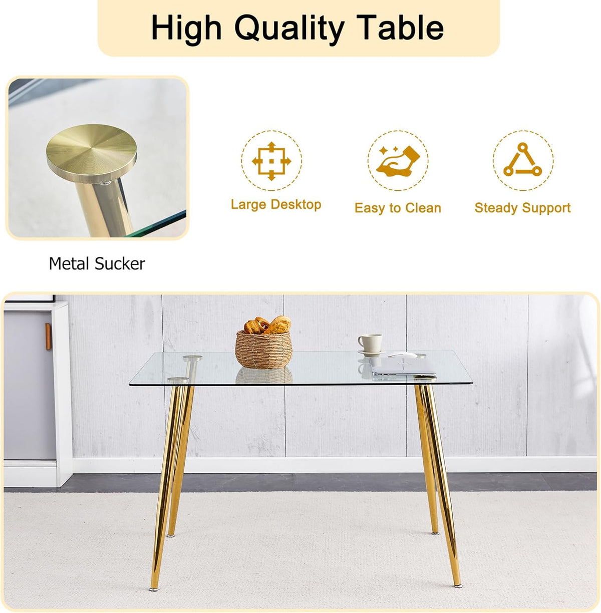 Baysitone 51 inch Glass Dining Table Set for 6, Dining Table & Chair Sets with Gold Metal Legs for Kitchen, Modern Rectangle Tempered Glass Table Top&Transparent Plastic Dining Chair for Dining Room