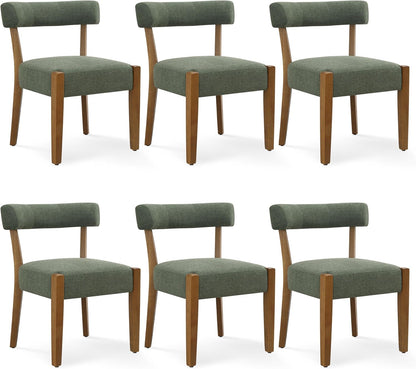 RNKSFX Upholstered Green Dining Chairs Set of 6, Walnut Wooden Kitchen & Dining Room Chairs, Mid Century Modern Fabric Farmhouse Dining Chairs Oversized Sturdy Rounded Chairs Curved Back