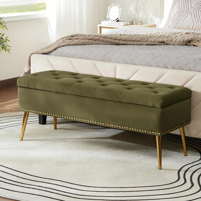 HULALA HOME Modern Velvet Storage Ottoman Bench with Gold Base & Nailhead Trim, Upholstered Bedroom Bench for End of Bed, Button-Tufted Footstool for Entryway Living Room Dining Room, Moss