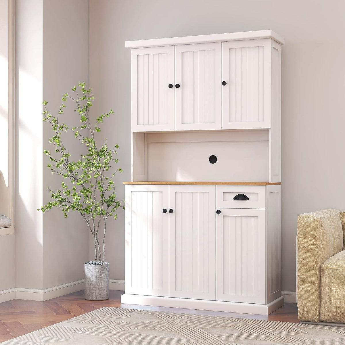 71" Tall Farmhouse Kitchen Pantry,Tall Kitchen Pantry with Microwave Oven Countertop,Freestanding Pantry Cabinet,Wood Pantry Storage Cabinet with Adjustable Shelves, 6 Doors and 1 Drawer