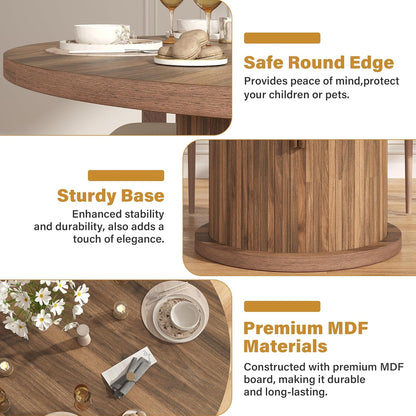 knoworld 47" Round Dining Table for 4-6, Modern Fluted Pedestal Kitchen Table with Hidden Storage, Walnut Wood Circle Dinner Table for Dining Room & Small Spaces, Walnut