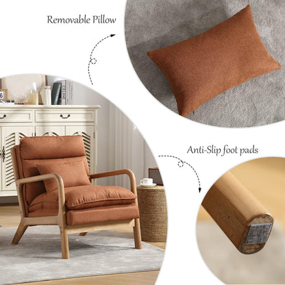 INZOY Mid Century Modern Accent Chair with Wood Frame, Upholstered Reading Armchair with Waist Cushion, Double Padded Accent Chair, Side Chair for Living Room Bedroom Office, Easy Assembly, Brown