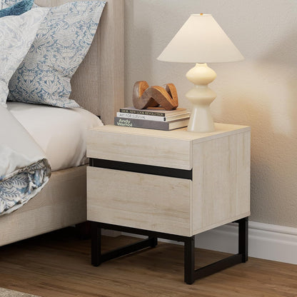 WAMPAT Nightstand with 2 Drawers for Bedroom, Modern Bedside Table with Black Square Iron Leg, Wood Rustic Side End Table for Living Room, Light Oak
