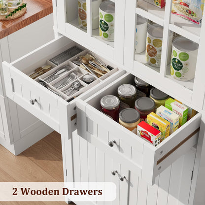 BOTLOG 71" Tall Kitchen Pantry Storage Cabinet, Pantry Cabinet with Drawers and Glass Doors, Freestanding Kitchen Cupboard for Dining Room, Laundry, White