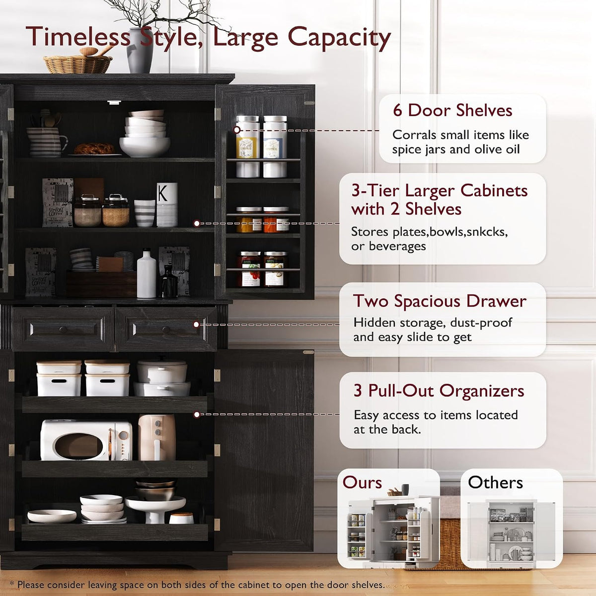 71" Tall Kitchen Pantry Cabinet with 3 Pull Out Organizers, Farmhouse Storage Cabinet with 6 Door Shelves,2 Drawers,Freestanding Cupboard for Kitchen Dining Room (Black-@01)
