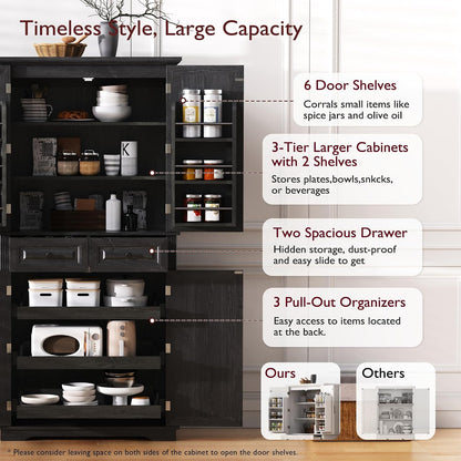 71" Tall Kitchen Pantry Cabinet with 3 Pull Out Organizers, Farmhouse Storage Cabinet with 6 Door Shelves,2 Drawers,Freestanding Cupboard for Kitchen Dining Room (Black-@01)