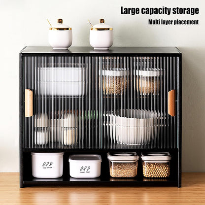 Countertop Storage Cabinet with 2 Sliding Striped Glass Doors, Freestanding Kitchen Bamboo Pantry Sideboard with Adjustable Shelf, Black Utility Cupboard for Home Bar, Coffee Bar
