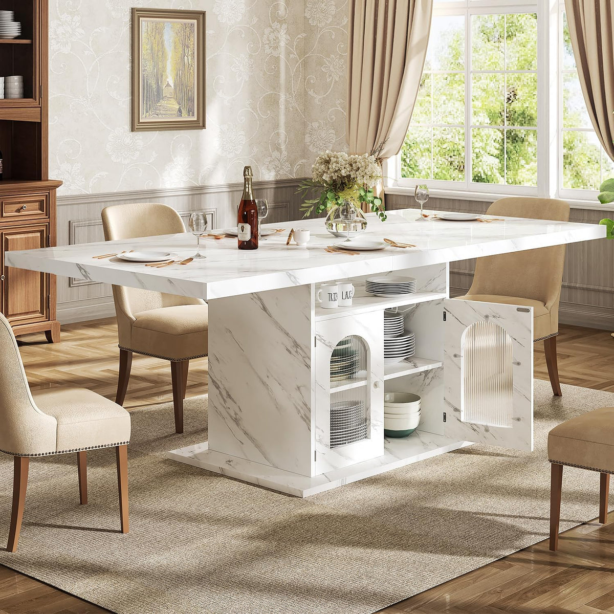HSH Dining Table for 4–6, 63" Modern Kitchen Dining Room Table with Storage Shelves & Acrylic Door Cabinet,Wood Rectangle Dinner Table with Faux Marble Top for Home Apartment, White Faux Marble