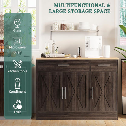 Shintenchi Modern Farmhouse Sideboard Buffet Cabinet,Barn Doors Buffet Cabinet with 2 Drawers & 3 Doors,Wood Coffee Bar Cabinet with Adjustable Shelf for Kitchen Living Room,Brown