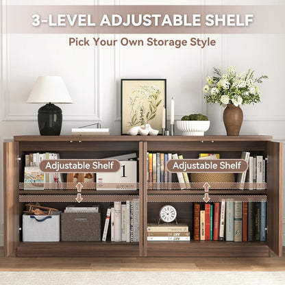 63" Fluted Buffet Cabinet Sideboard with Storage,Large Credenza with 4 Doors with Adjustable Shelves,Wood Mid Century Modern Sideboard for Kitchen, Living Room,Entryway(Walnut)