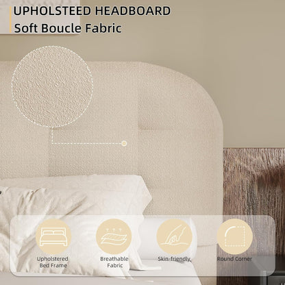 BarnFurin Full Bed Frame with Soft Curved Boucle Headboard, Cream