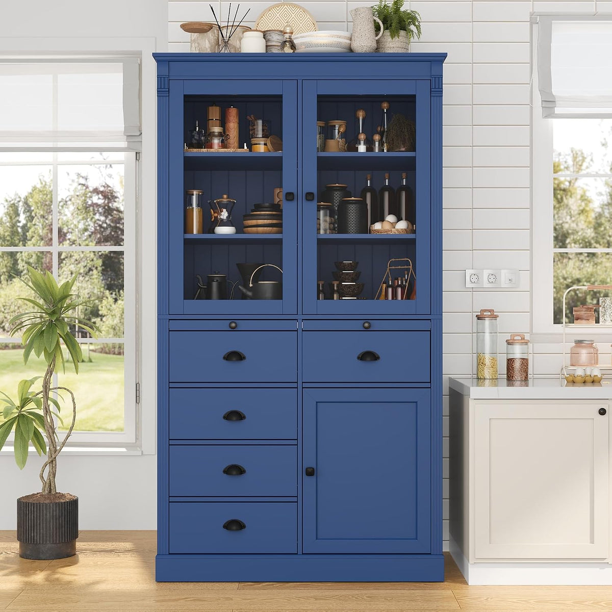 Pantry Stotrage Cabinet with Glass Doors and Serving Trays, Wood Display Cabinet with Stotrage Drawers and Shelves for Kitchen, Dining Room (Blue)