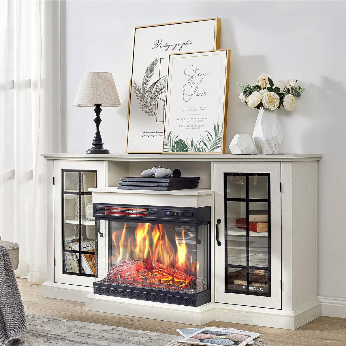 AMERLIFE 3-Sided Glass Fireplace TV Stand for TVs up to 65'' with 12 Color, Media Entertainment Center Console Table with Doors Closed Storage, White