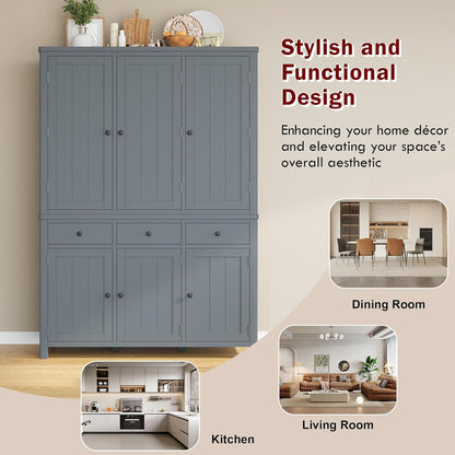 Merax 74.8'' Tall Kitchen Pantry Storage Cabinet with 6 Doors, 3 Drawers and Adjustable Shelves, Freestanding Large Cupboard & Pull-Out Trays for Kitchen, Dining Room, Living Room, Gray