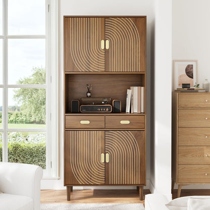 Smart FENDEE 70.87" Tall Kitchen Pantry Cabinet with Line Grooved Doors, Storage Cupboard with 2 Drawers, Adjustable Shelves & Gold Handles for Dining Room, Bathroom, Walnut