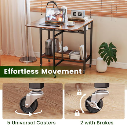 Giantex Folding Dining Table with 5 Wheels, Extendable Bar Tables with Wine Rack and Storage Shelf, Heavy-Duty Metal Frame, Space-Saving Kitchen Table for Small Spaces, Living Room, Apartment, Office