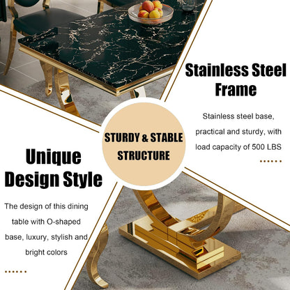 Luxury 7 Piece Marble Dining Table Set with 6 High Backrest Chairs, 70" Faux Marble Kitchen Table with Double O-Shaped Stainless Steel Base, Dining Room Set for Kitchen, Living Room