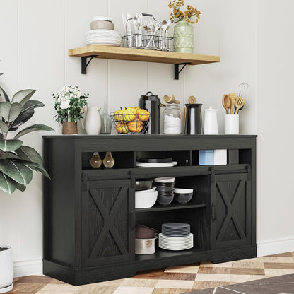 FansaFurn Farmhouse TV Stand for 65+ Inch TV | 34" Entertainment Center with Sliding Barn Doors, Rustic Wood Storage Cabinet for Living Room, Bedroom, Black