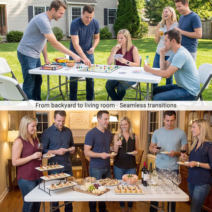 6ft Folding Table, Portable Heavy Duty Plastic Table for Party, White | Fold-in-half Design with Carry Handle,Easy Setup,Compact Storage. Supports 330 lbs for Indoor & Outdoor use,Camping, Picnic