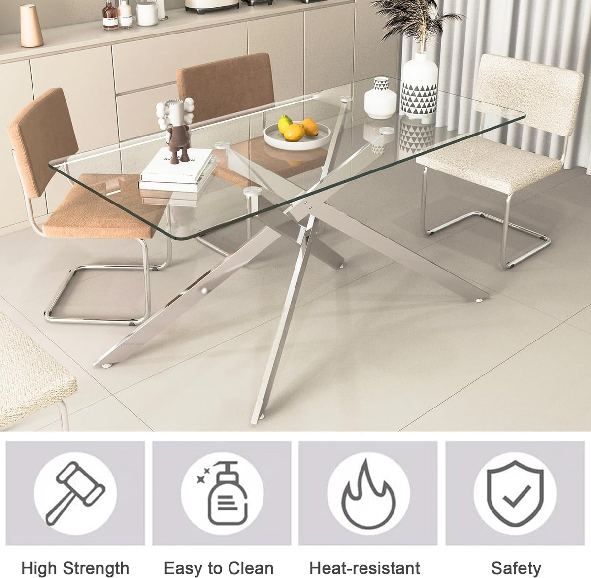 7 Piece Glass Dining Table Set, Glass Kitchen Dining Room Table Set for 6, 61" Modern Rectangular Silver Glass Metal Dining Table with 6 White PU Leather Dining Chairs for Kitchen Dining Room