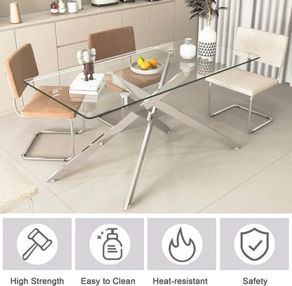 7 Piece Glass Dining Table Set, Glass Kitchen Dining Room Table Set for 6, 61" Modern Rectangular Silver Glass Metal Dining Table with 6 White PU Leather Dining Chairs for Kitchen Dining Room