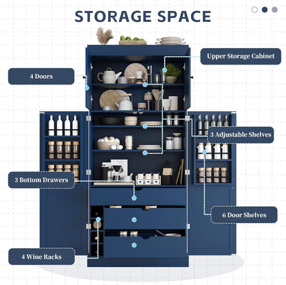 Merax 77'' Tall Freestanding Kitchen Pantry, 35''Lx17.7''W Modern Shaker Style Cupboard Storage Cabinet with Adjustable Shelves,Door Shelves, Drawers and Wine Racks, Blue