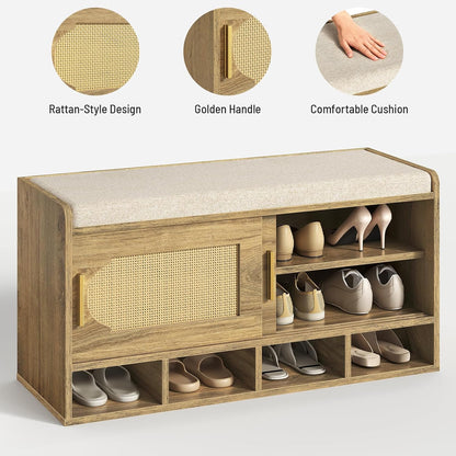 Shoe Storage Bench, 39.4" Entryway Bench with Linen Seat Cushion, 3-Tier Rattan-Style Shoe Cabinet Bench with Sliding Door, 4 Open Compartments and Adjustable Shoe Shelves, for Hallway, Natural Pecan