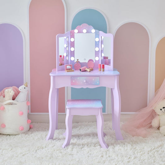 Teamson Kids Gisele Medium Vanity with Stool, Purple, Ages 3+ | Stardust Print, LED Lights & Touch Sensor Mirror, Storage Drawer, Pretend Play, Elegant Dressing Table Set
