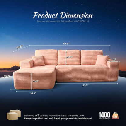 ovios 104" Cloud Couch with Glitter Fabric, Moudular Sectional Sofa with Deep Seat, No Assembly Required, Modern Minimalist L Shaped Couches with Chaise for Living Room, Pink