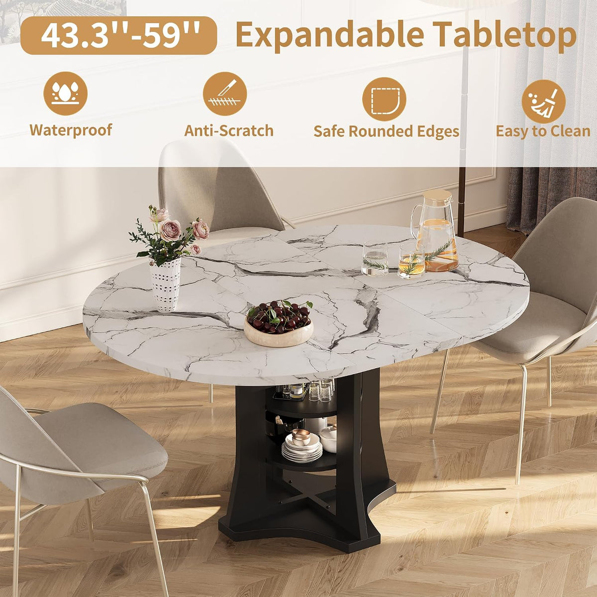 Extendable Dining Table 43"-59" for 4-6, White Faux Marble Round Kitchen Dining Room Table with 2 Tier Storage Shelves, Expandable Round to Oval Dinner Table with Storage for Kitchen Living Room