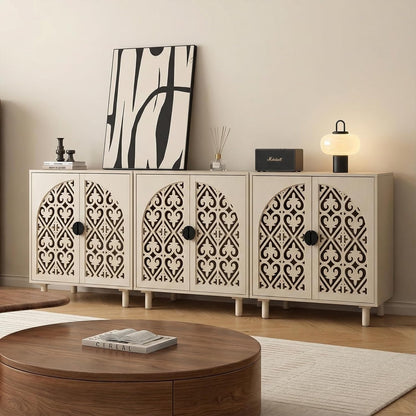 Decorative Storage Cabinet Sideboard with Hollow Carved Panels, 2 Doors, Natural Wood, 29.8 x 31.6 x 15.8 Inches. [Beige, 1pc]