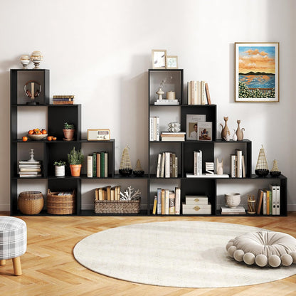 Tangkula 4-Tier Stepped Bookshelf, Freestanding 6 Cubes Ladder Bookcase with Anti-Tipping Kits, 64" Tall Modern Wooden Storage Display Rack for Home Office Living Room Study (1, Black)