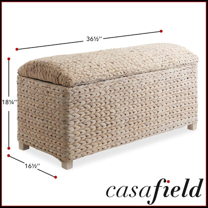 Casafield 36" Storage Trunk with Curved Lid and Safety Hinge - Whitewash, Water Hyacinth Wicker Storage Chest for Bedroom, Entry Way, Living Room