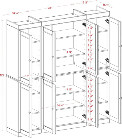 Palace Imports Solid Wood Kitchen Pantry Cabinet – 71.5" Tall x 65" Wide – Wooden Storage Cabinet with 8 Shaker Doors & 12 Adjustable Shelves – Gray, 100% Eco-Friendly Wood, Made in Brazil, Cupboard