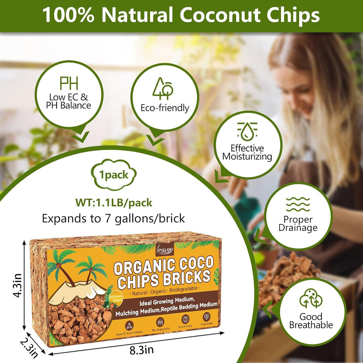 Legigo 1.1 LB Coco Husk Chips for Plants- 100% Organic Coconut Coir Chips Brick with Low EC & PH Balance, Compressed Coconut Substrate Coco Chips Mulch Medium for Garden, Flowers, Plants