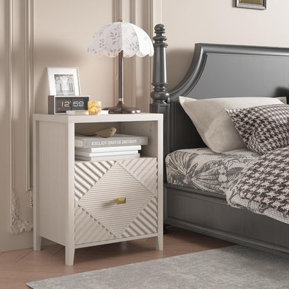 3imothrix End Table Set of 2 with Charging Station, Modern Nightstand with Door and Open Shelf, Fluted Design, Bedside Table for Bedroom, Living Room, Light Brown