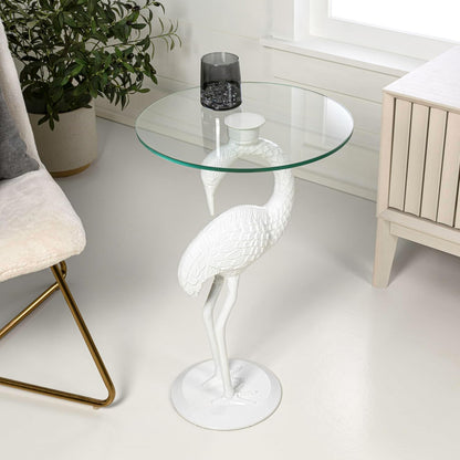 JONATHAN Y Blanche 25" White Iron and Glass Flamingo End Table with Sculptural Base, Round Accent Side Table for Living Room, Bedroom, Coastal Decor, White END1006C