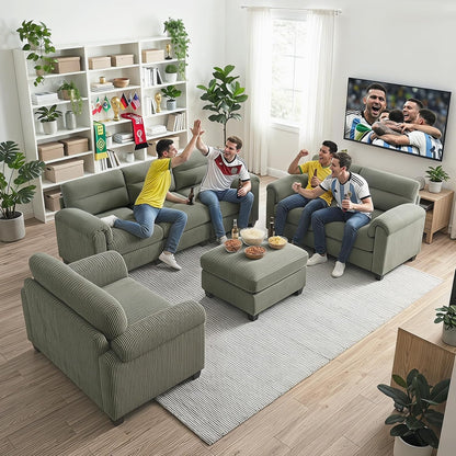HAOMARKETS Corduroy Sofa Set, Upholstered Ottoman Footrest, Modern Living Room Furniture Sets,Green