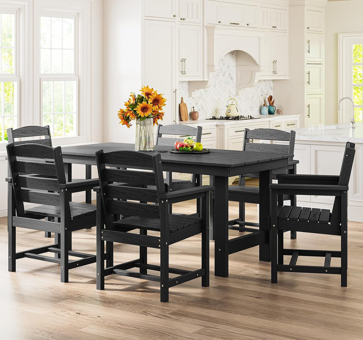 SERWALL 7-Piece Patio Dining Table Sets, Outdoor HDPE Dining Furniture Set with Umbrella Hole Cut-Out Table and 6 Chairs, Black