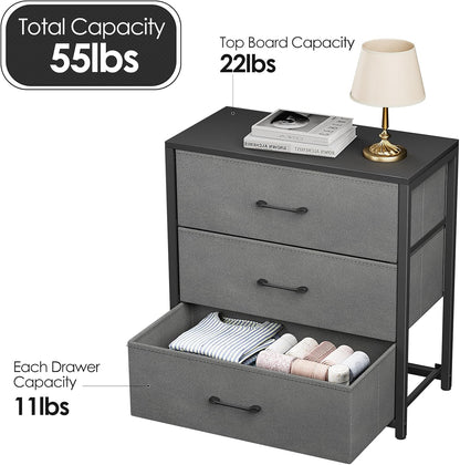 Memobarco Nightstand with 3 Fabric Drawers, Storage Dresser, Gray | Storage Drawers, side Table, End Table, Fabric Drawers, Wood Top, Metal Frame, Bedroom, Closet, Living Room