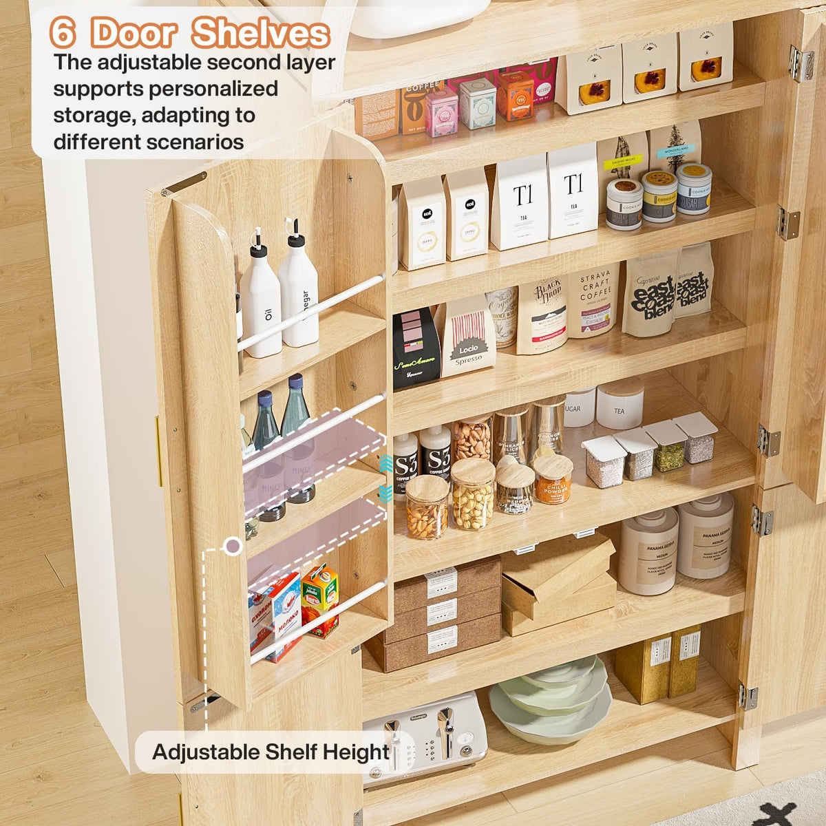 PRETZI 71" Arched Cabinet with Doors, Tall Arched Kitchen Pantry Storage Cabinet and Adjustable Shelves, Modern Fluted Natural Wood Cupboard for Kitchen, Dining Room, Bathroom